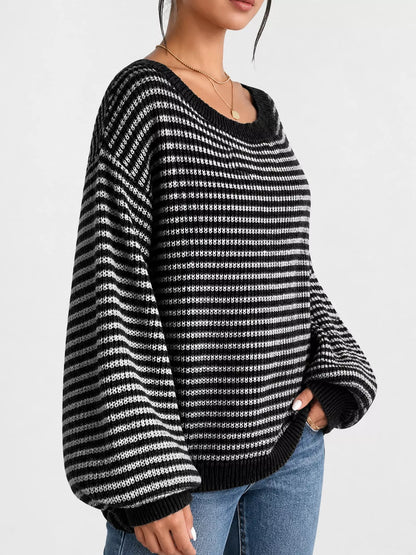 Oversized Striped Ribbed Knit Sweater with Boat Neck