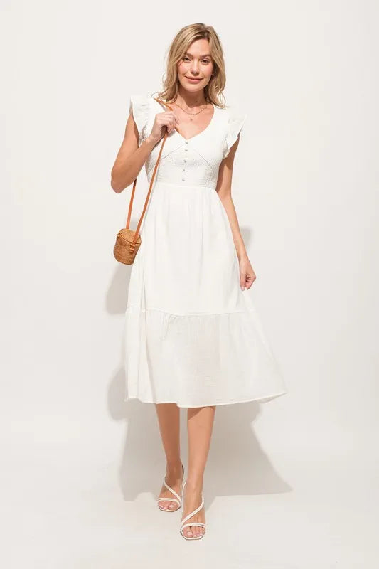 Ruffle Sleeve Front Smocked Tiered Midi Dress — Whimsical Romantic Feminine Flowing Style - Mini Dresses