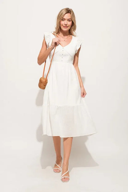 Ruffle Sleeve Front Smocked Tiered Midi Dress — Whimsical Romantic Feminine Flowing Style - Mini Dresses
