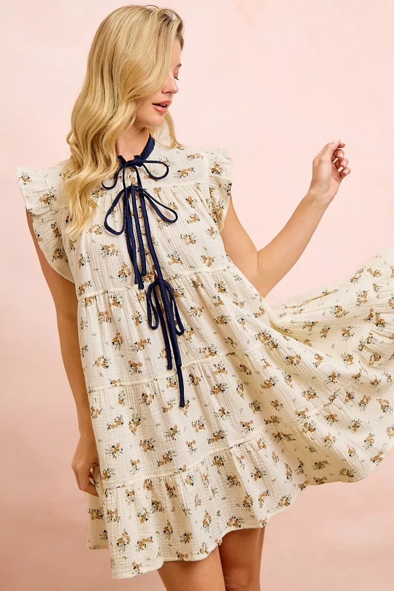 Women's Floral Tiered Ruffle Front Tie Mini Dress - Mini Dresses