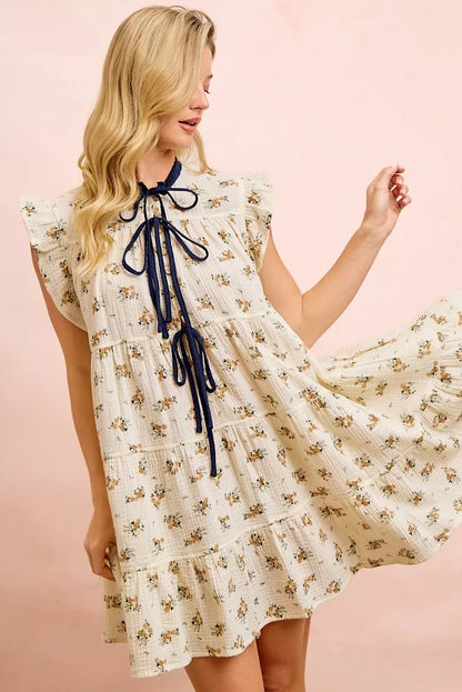 Women's Floral Tiered Ruffle Front Tie Mini Dress - Mini Dresses