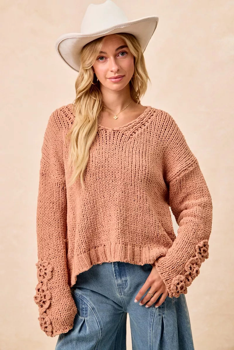 Knit V Neck Sweater with Flower Detailed Sleeves | Trendy Sweaters Outfit Idea for Women by Ro + Ivy | Elevated Basics, Modern Comfort & Style