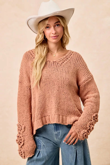 Knit V Neck Sweater with Flower Detailed Sleeves | Trendy Sweaters Outfit Idea for Women by Ro + Ivy | Elevated Basics, Modern Comfort & Style
