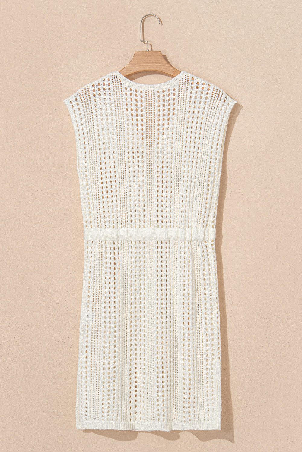 Crochet Open Knit Drawstring Waist Sleeveless Beach Cover-Up Dress — Elegant Warm-Weather Style - Swimwear/Beach Cover-ups