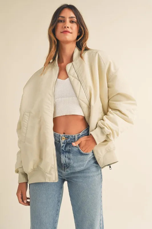 Back Ruched Utility Zip Pocket Bomber Jacket — Contemporary Functional Outerwear Style - Jackets