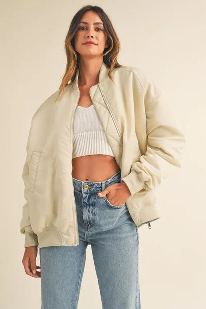 Back Ruched Utility Zip Pocket Bomber Jacket — Contemporary Functional Outerwear Style - Jackets