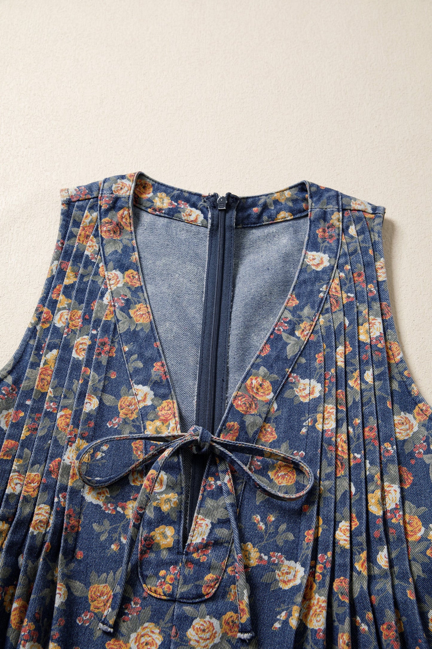 Floral Denim Bow Tie V-Neck Pleated Casual Romper — Chic Summer Everyday Style - Bottoms/Jumpsuits & Rompers