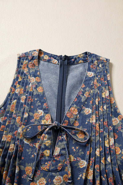 Floral Denim Bow Tie V-Neck Pleated Casual Romper — Chic Summer Everyday Style - Bottoms/Jumpsuits & Rompers