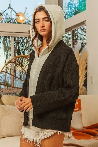 Knit Hoodie Rhombus Pattern Sweater Jacket — Cozy Warm Versatile Casual Style - Jackets