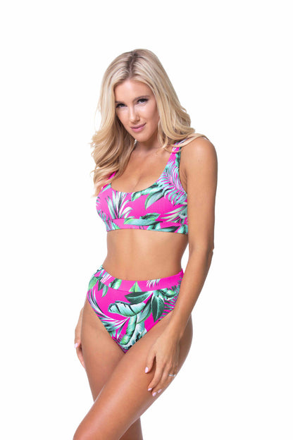 Tropical Ribbed High-Rise Cheeky Bikini Set with Elasticized Band - Pink Bikinis