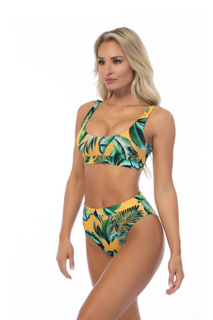 Tropical Ribbed High-Rise Cheeky Bikini Set with Elasticized Band - Yellow Bikinis