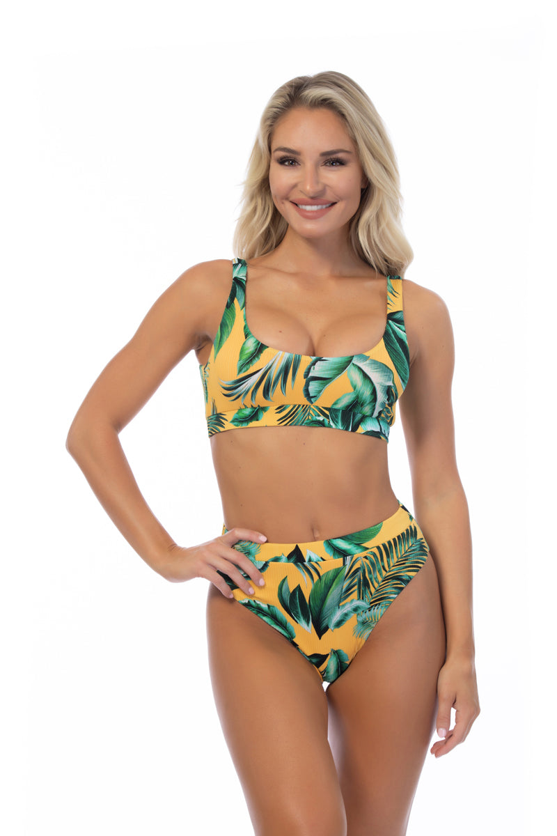 Tropical Ribbed High-Rise Cheeky Bikini Set with Elasticized Band - Bikinis