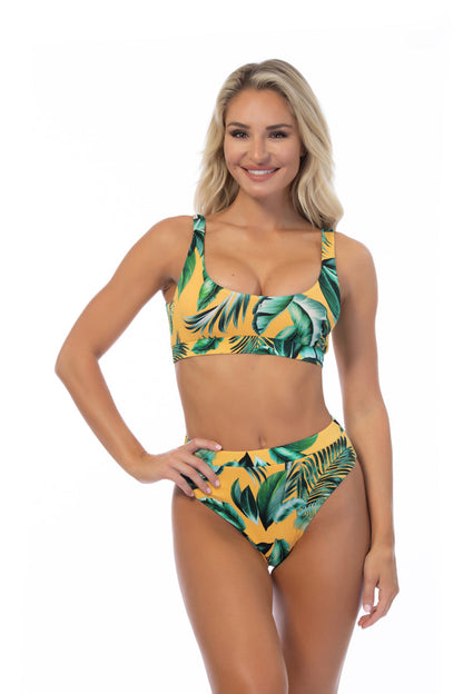 Tropical Ribbed High-Rise Cheeky Bikini Set with Elasticized Band - Bikinis