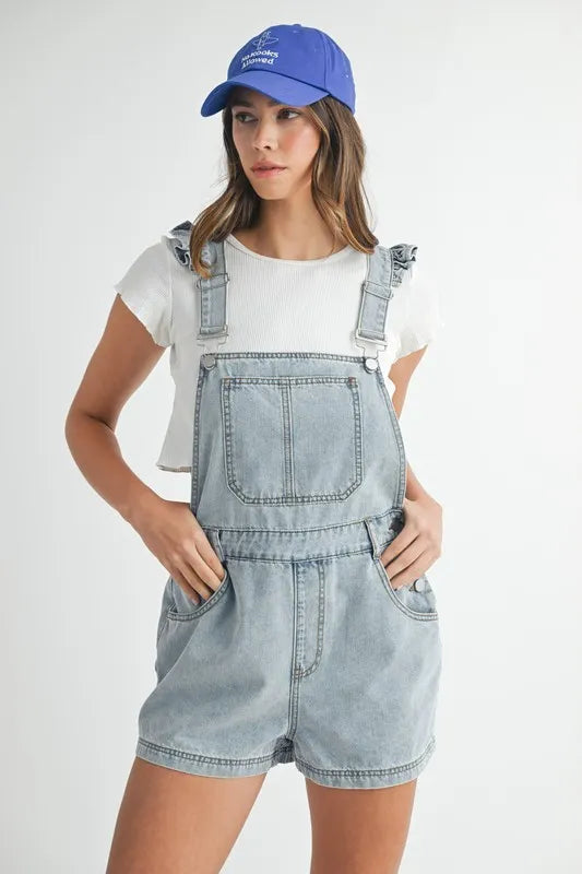 Square Neck Ruffle Shoulder Denim Overall Romper - Rompers