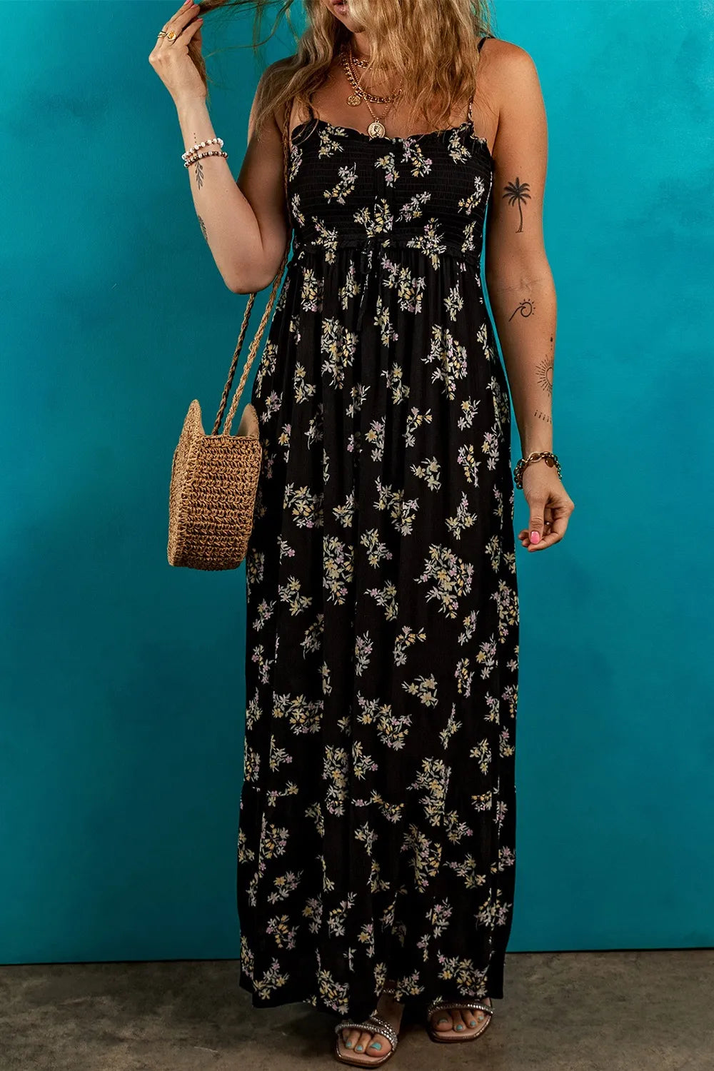 Floral Spaghetti Strap Shirred Bodice Tied Empire Waist Maxi Dress - Maxi Dresses