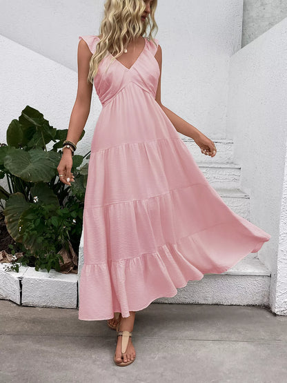 Women's Flowy V-Neck Tiered Maxi Dress with Flutter Sleeves - Maxi Dresses