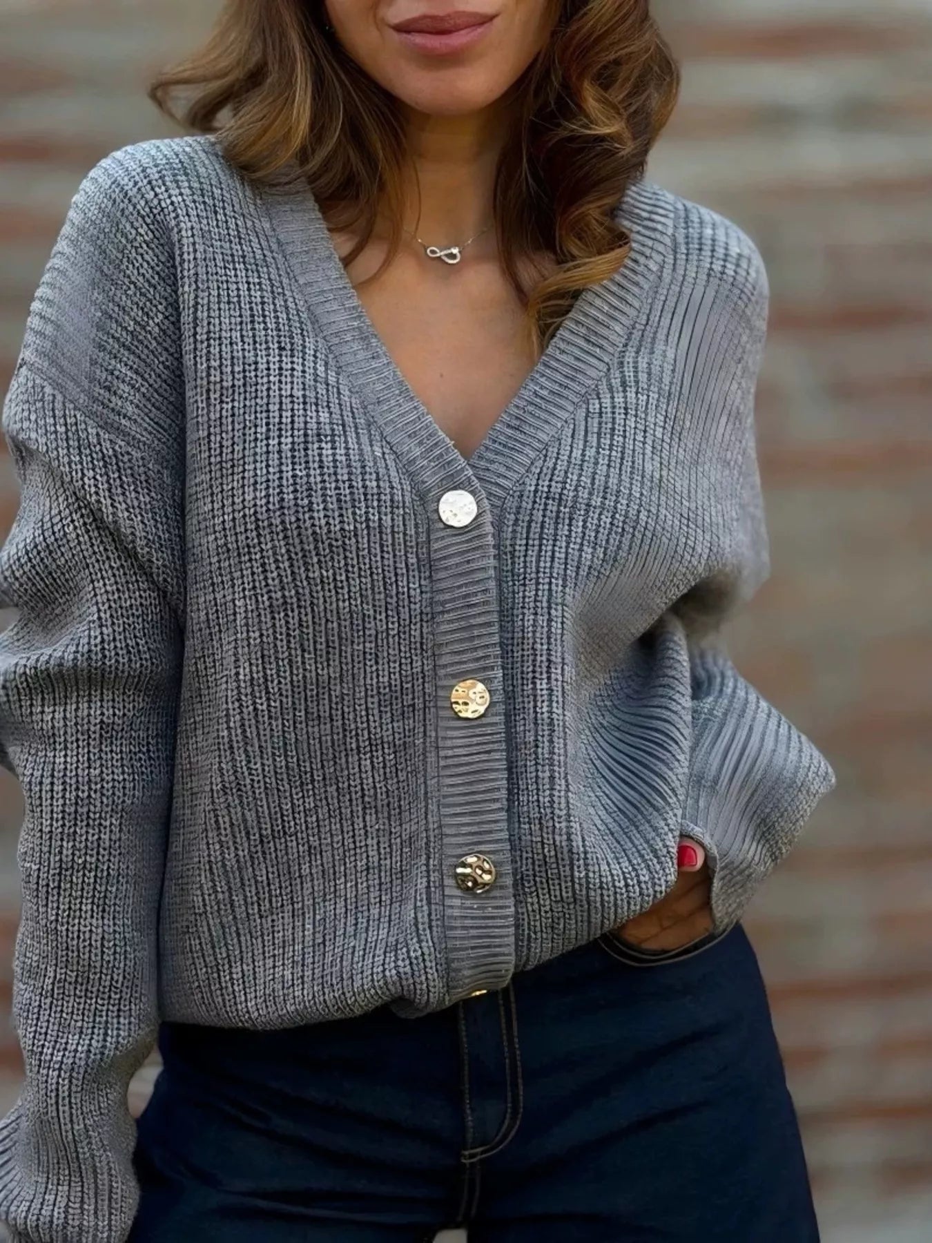 V-Neck Button-Up Knit Cardigan Dark Gray
