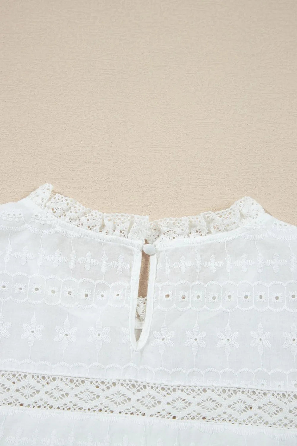 Round Neck Flutter Sleeve Eyelet Blouse with Lace - Blouses