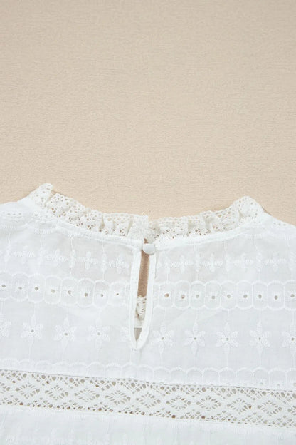 Round Neck Flutter Sleeve Eyelet Blouse with Lace - Blouses