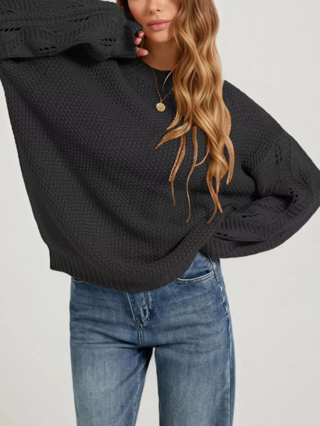 Textured Knit Openwork Sleeves Sweater