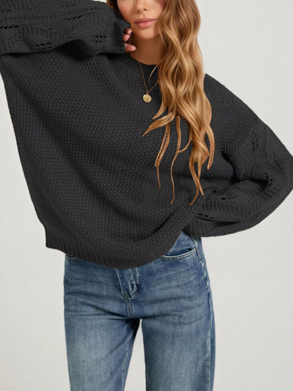 Textured Knit Openwork Sleeves Sweater
