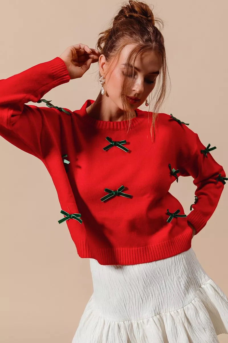 Long Sleeve Ribbon Bow Applique Sweater in Red | Trendy Sweaters Outfit Idea for Women by Ro + Ivy | Elevated Basics, Modern Comfort & Style