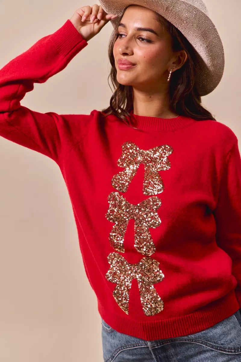 Red Sequined Bow Christmas Sweater | Trendy Sweaters Outfit Idea for Women by Ro + Ivy | Elevated Basics, Modern Comfort & Style