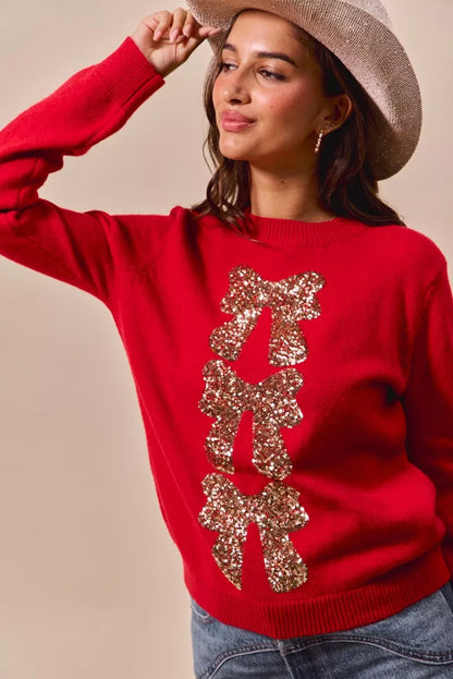 Red Sequined Bow Christmas Sweater | Trendy Sweaters Outfit Idea for Women by Ro + Ivy | Elevated Basics, Modern Comfort & Style