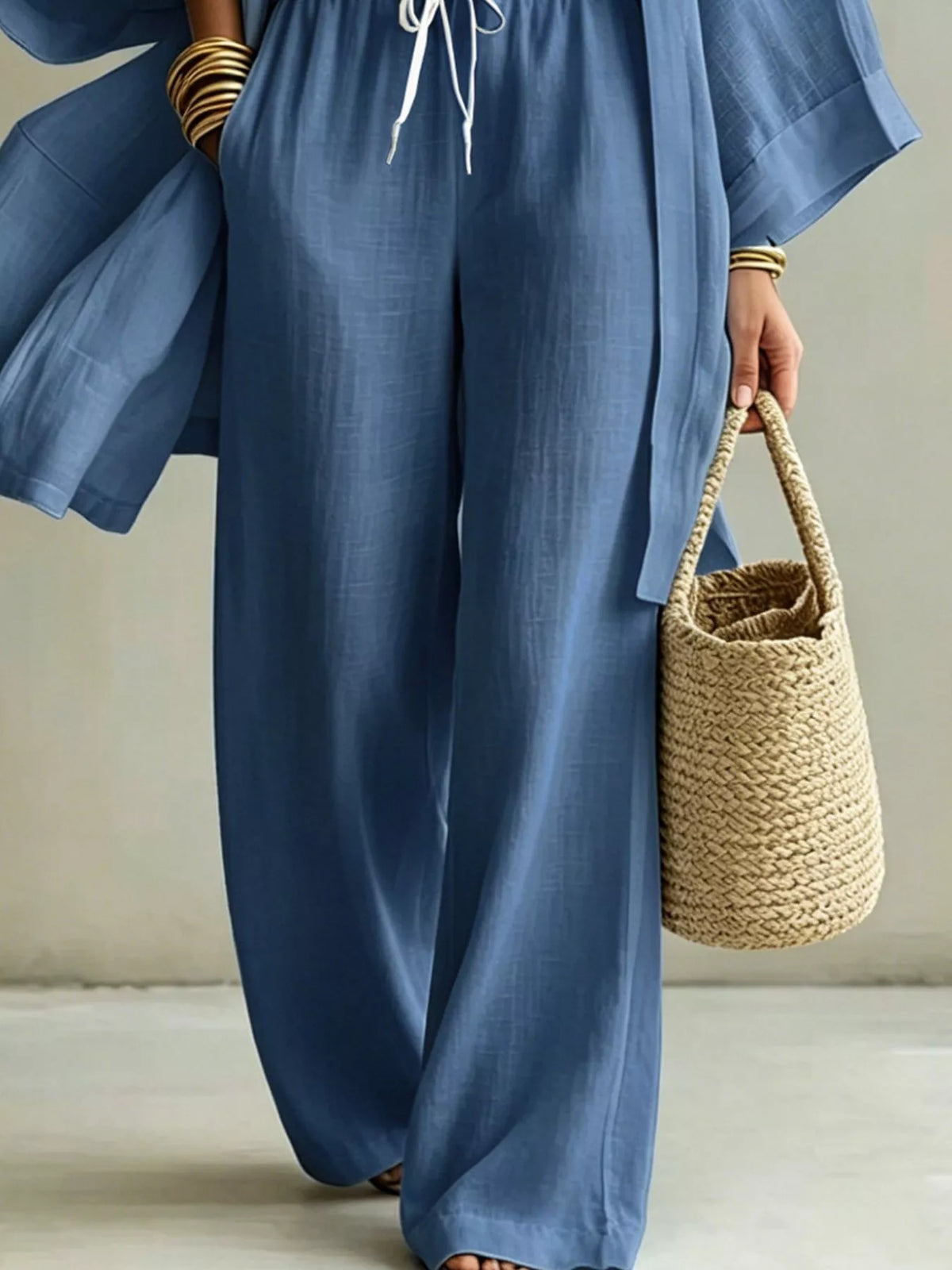 Three-Piece Lounge Set with V-Neck Top, Open Cardigan and Drawstring Pants