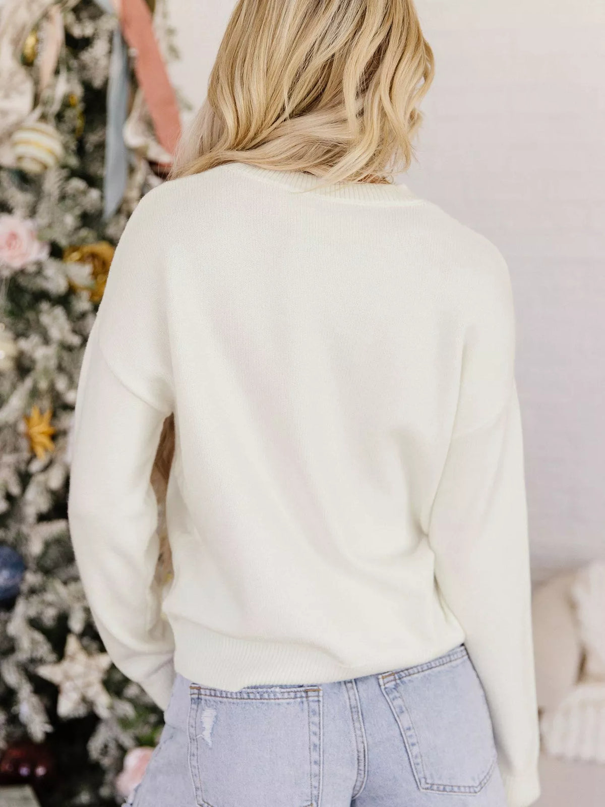 Christmas Tree Bow Drop-Shoulder Knit Sweater