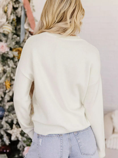 Christmas Tree Bow Drop-Shoulder Knit Sweater
