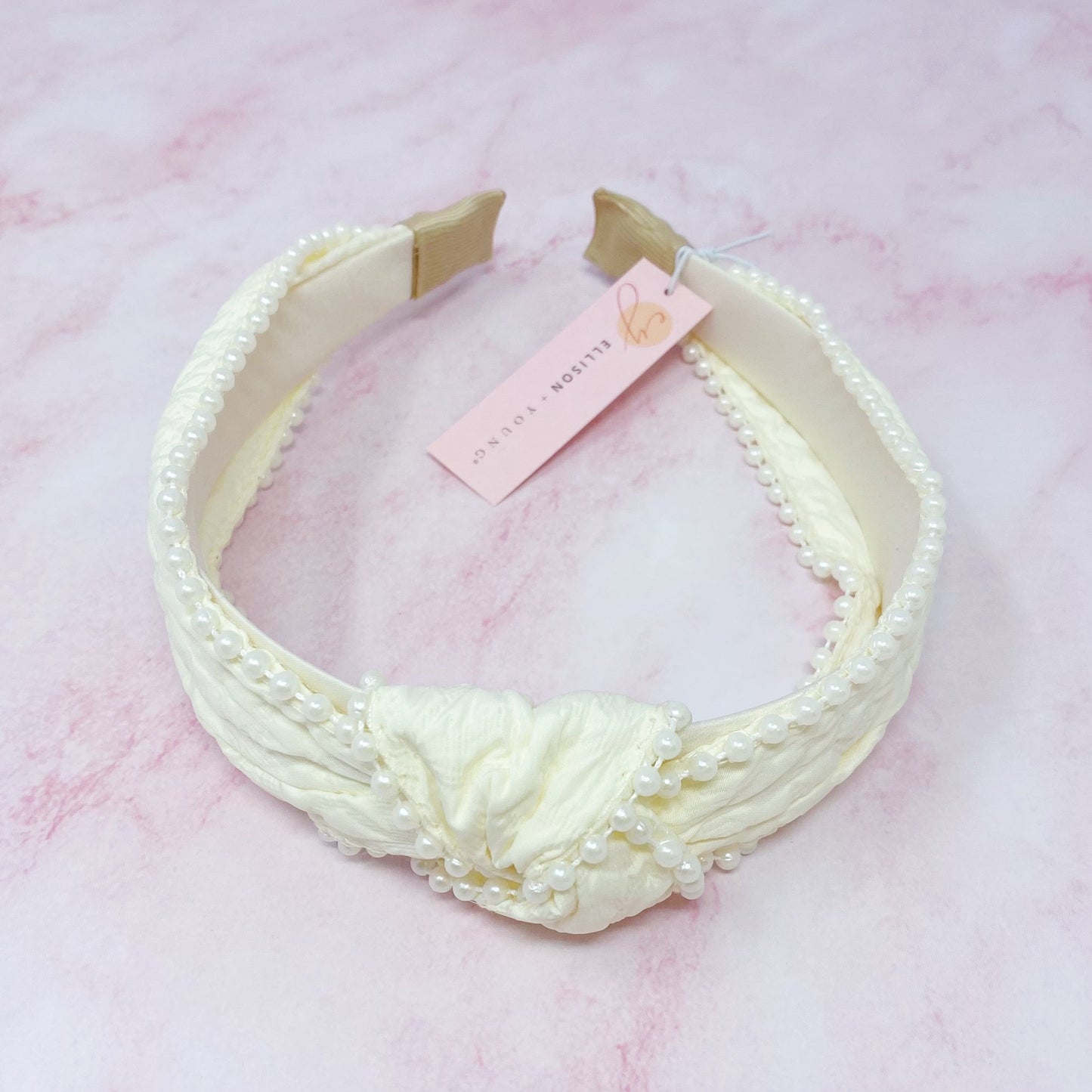 Knotted Pearl Embellished Headband — Embossed Fabric Structured Fit - Headbands