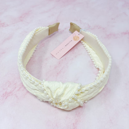Knotted Pearl Embellished Headband — Embossed Fabric Structured Fit - Headbands
