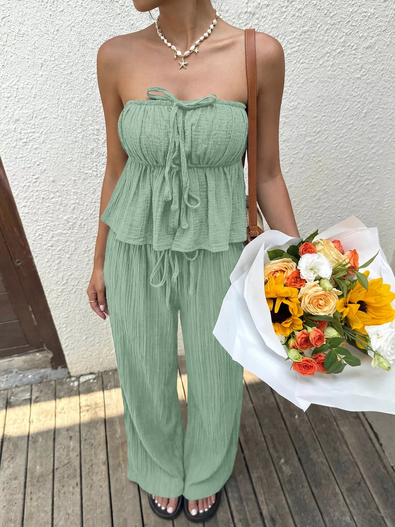 Women's Tube Top and Wide Leg Pants Set - Matching Sets