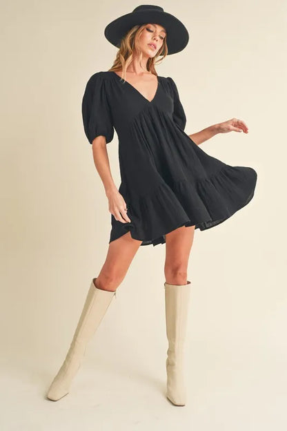 V Neck Short Puff Sleeve Tie Back Mini Dress | Trendy Mini Dresses Outfit Idea for Women by Ro + Ivy | Elevated Basics, Modern Comfort & Style