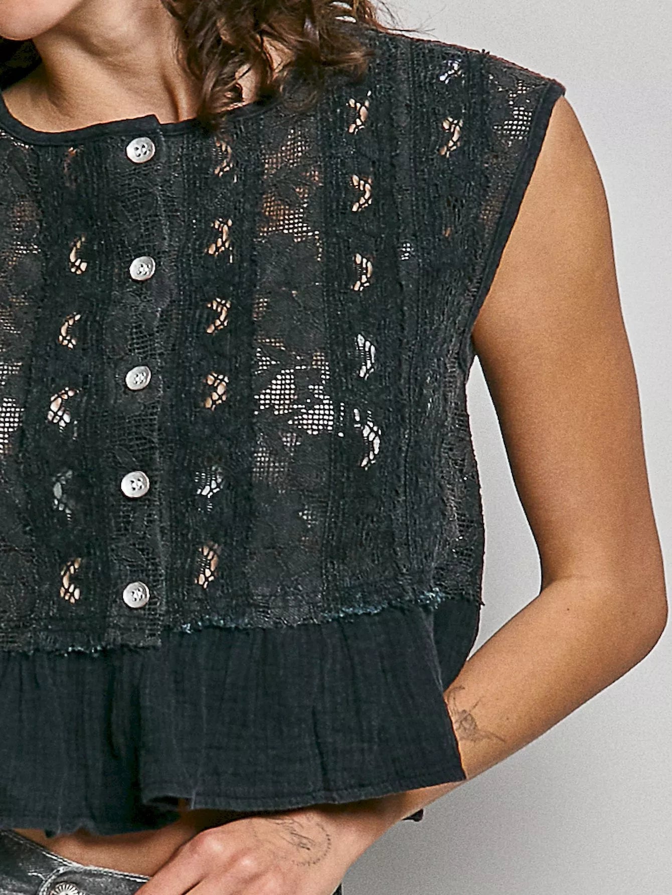 Round Neck Lace Sleeveless Top with Double Gauze Ruffle - Tank Tops