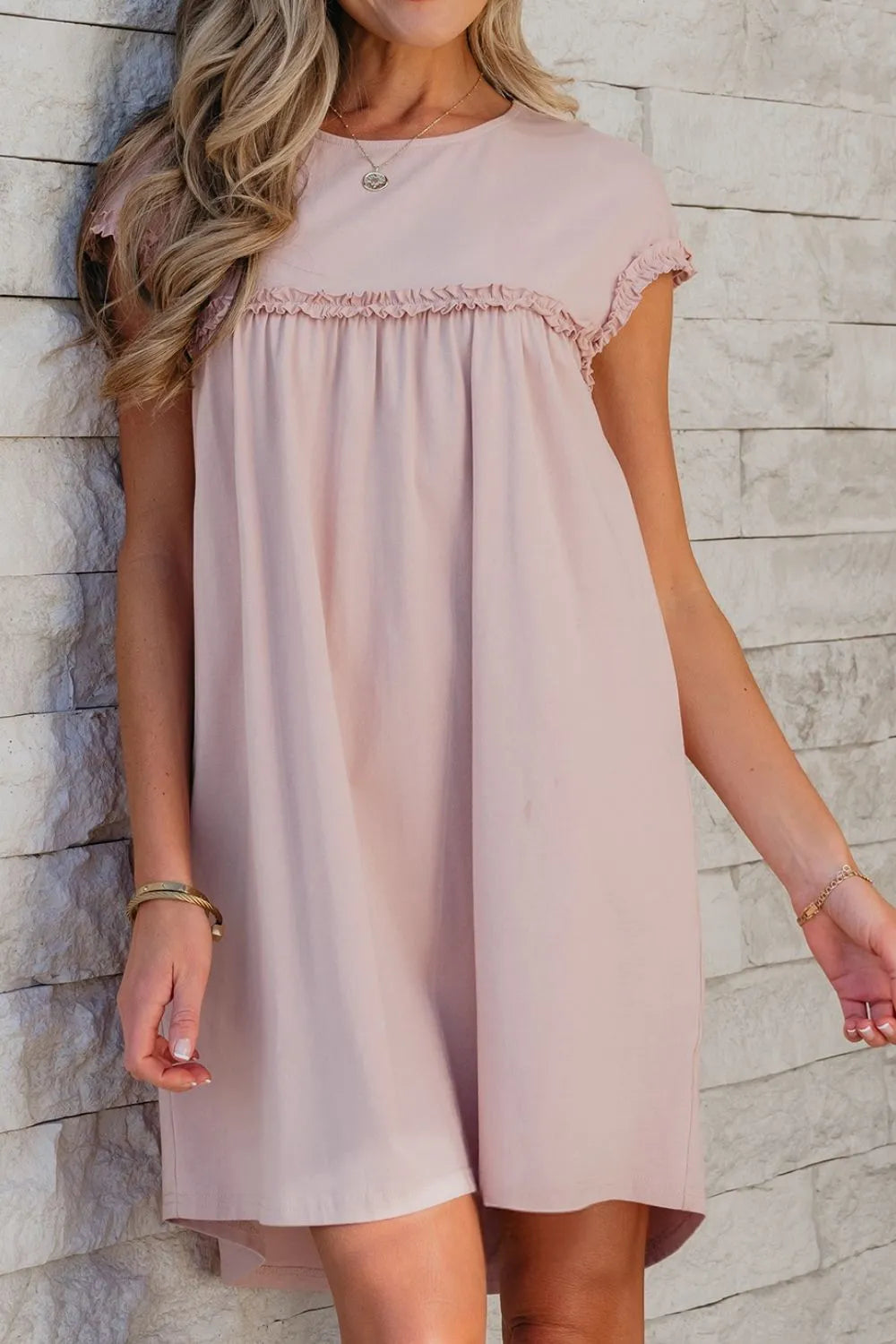 Frilled Trim Crew Neck Short Sleeve Loose Mini Dress - Mini Dresses