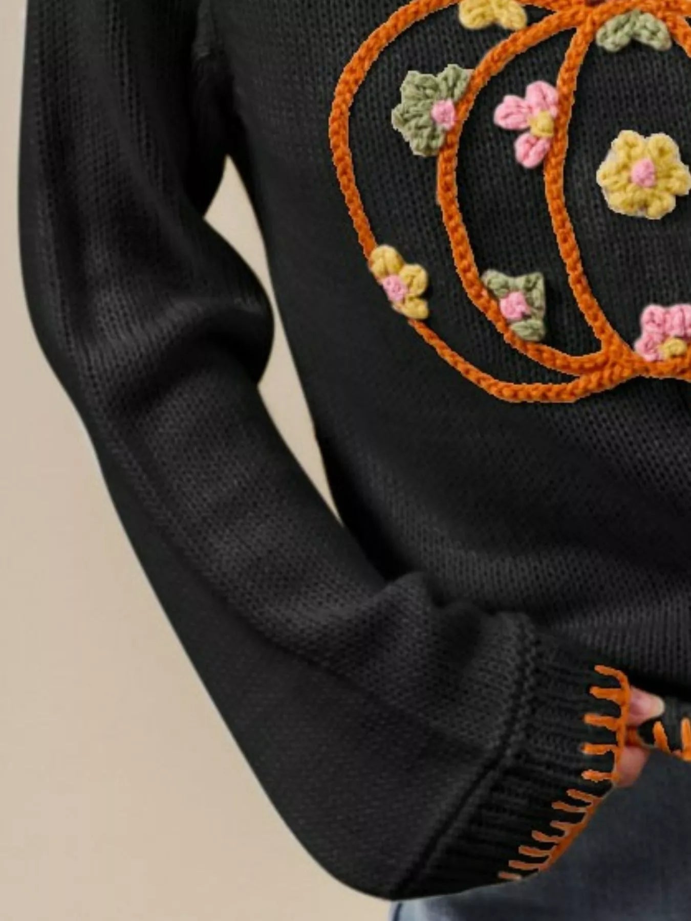 Fall Floral Embroidered Pumpkin Sweater