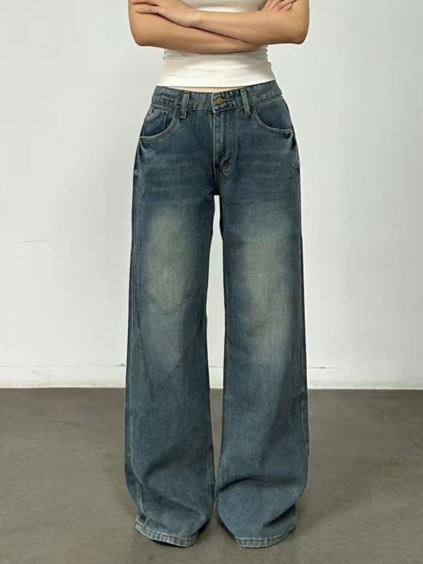 Vintage Wash Wide Leg Jeans - Jeans