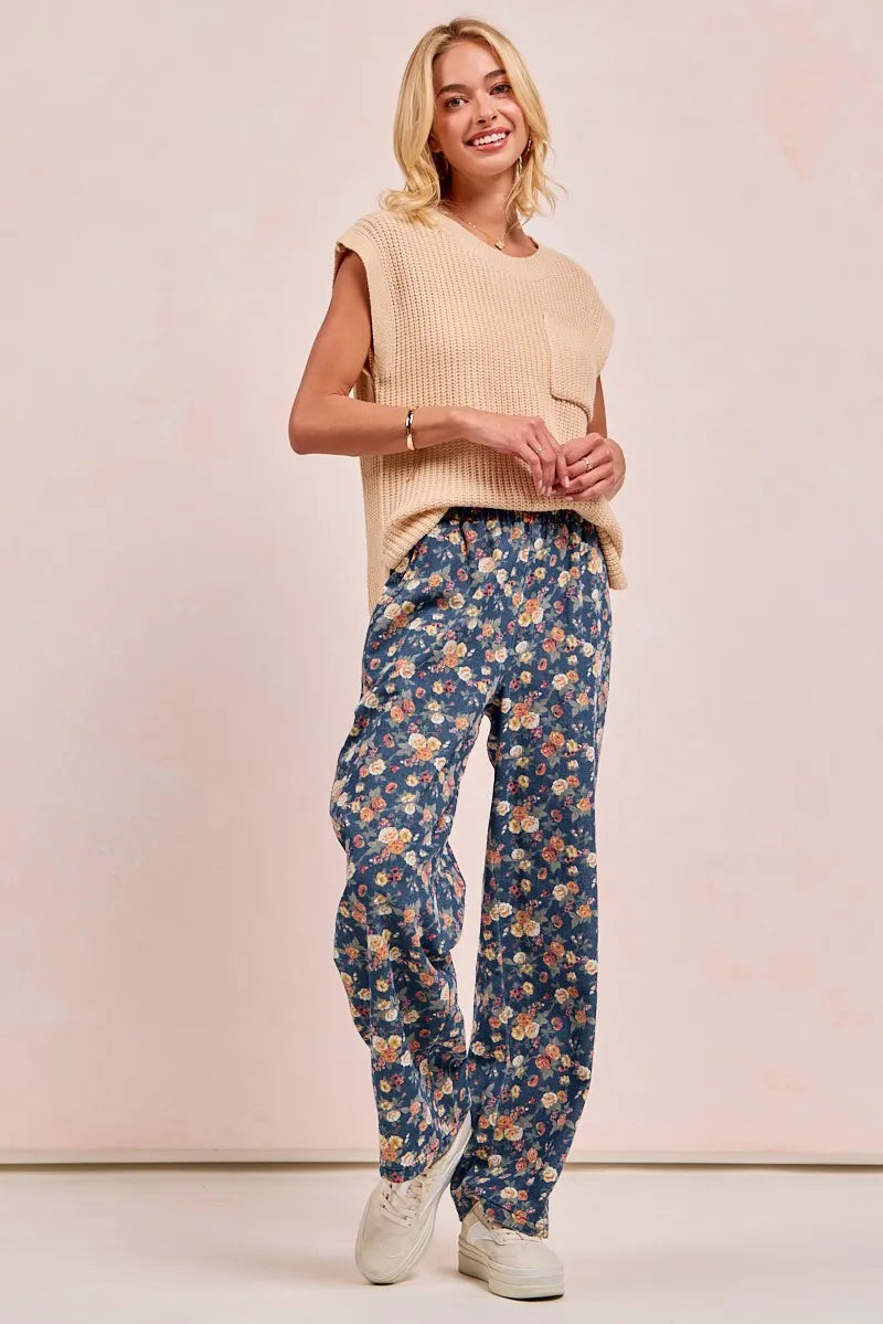 DENIM Lightweight Elastic Waist Floral Print Wide Leg Pants | Trendy Pants Outfit Idea for Women by Ro + Ivy | Elevated Basics, Modern Comfort & Style
