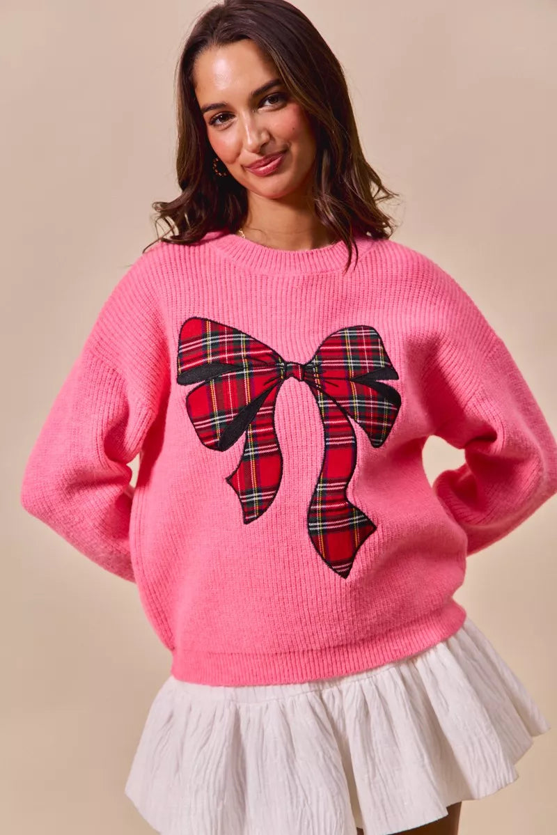 Plaid Bow Christmas Crewneck Holiday Sweater | Trendy Sweaters Outfit Idea for Women by Ro + Ivy | Elevated Basics, Modern Comfort & Style