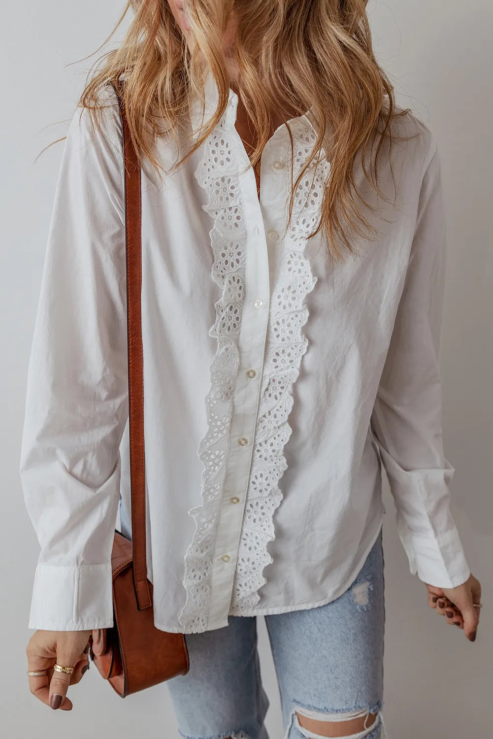 Eyelet Button Down Long Sleeve Shirt - Shirts
