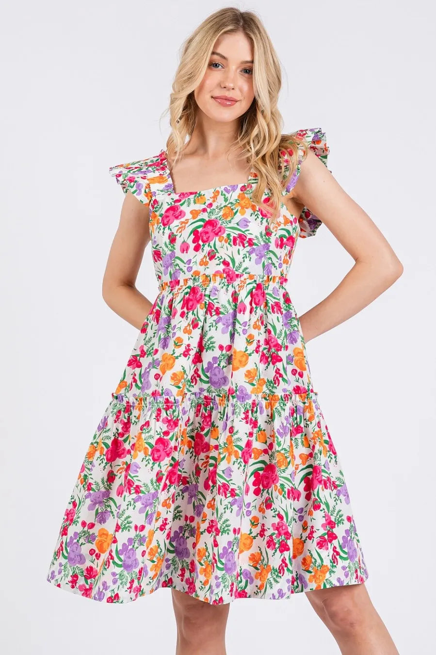 Flower Print Ruffle Shoulder A-Line Mini Dress – outfit idea for women | Ro + Ivy