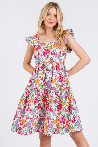 Flower Print Ruffle Shoulder A-Line Mini Dress – outfit idea for women | Ro + Ivy