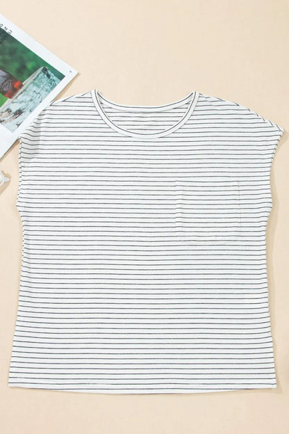 Stripe Short Sleeve Crew Neck Casual Tee With Chest Pocket - Shirts