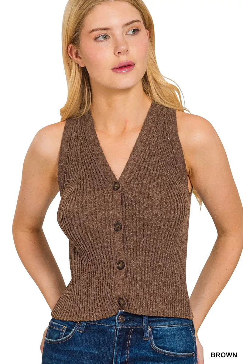 BROWN Ribbed Button-Down Knit Vest Top in Brown | Trendy Knit Vests Outfit Idea for Women by Ro + Ivy | Elevated Basics, Modern Comfort & Style