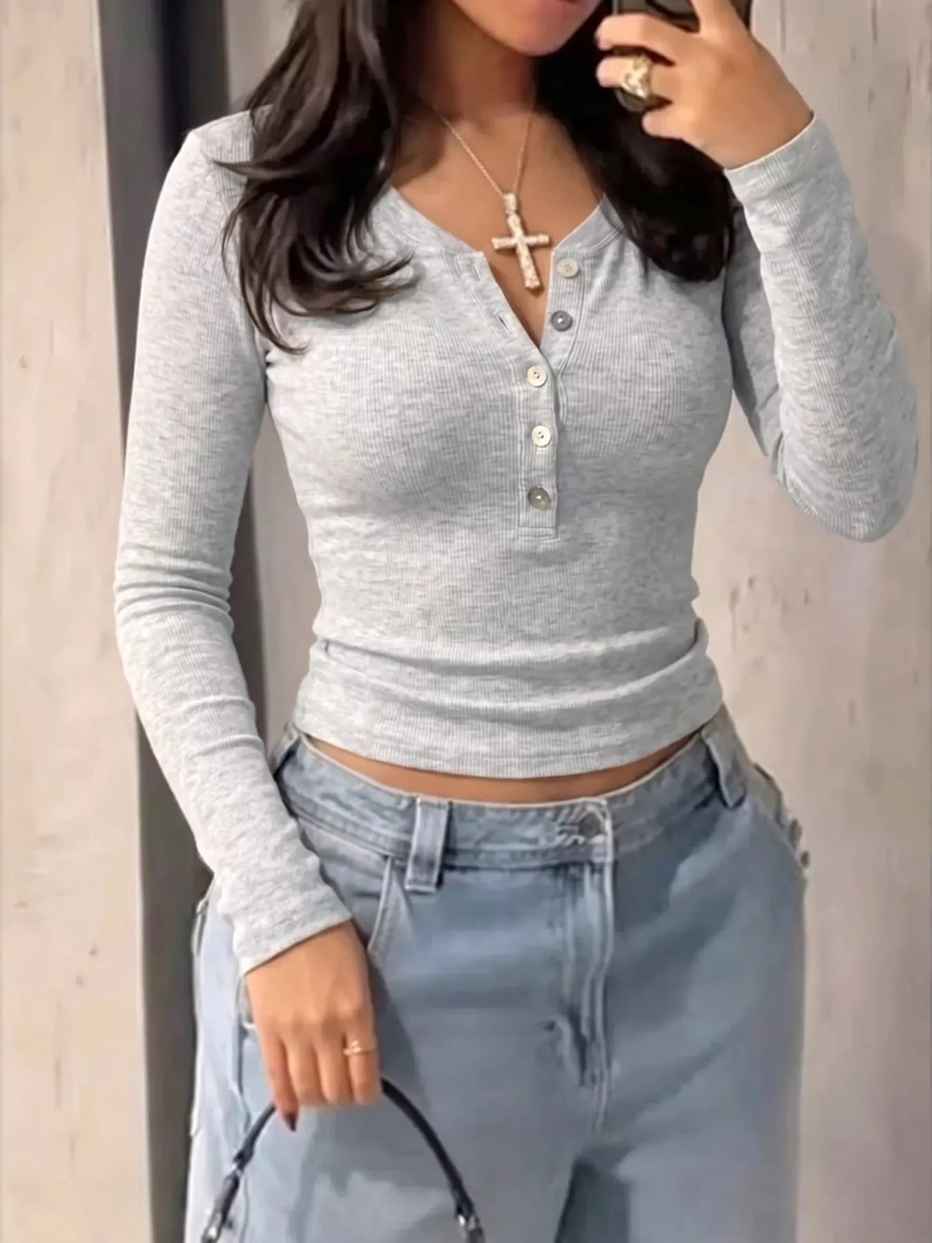 Fitted Button Detail Long Sleeve Top Gray
