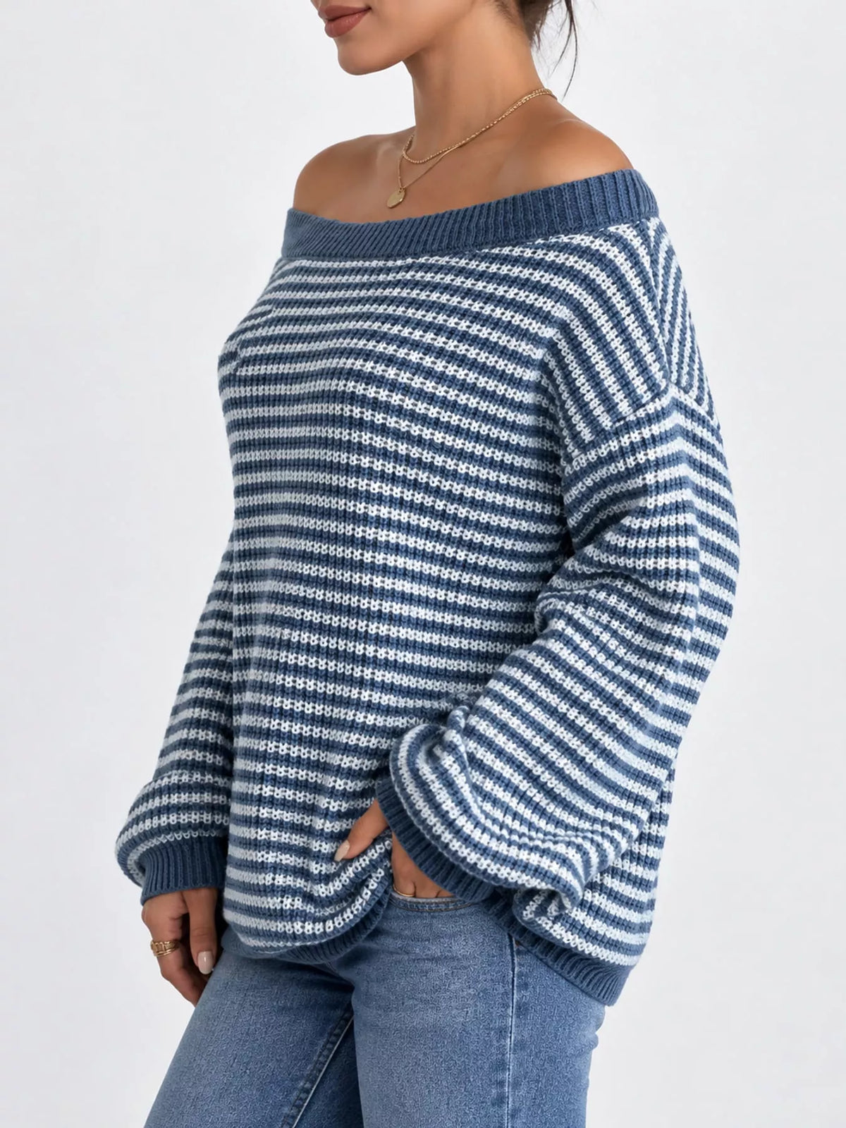 Oversized Striped Ribbed Knit Sweater with Boat Neck