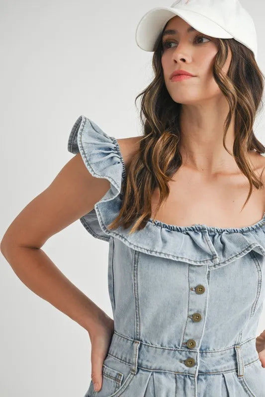 Off Shoulder Ruffle Detail Denim Romper - Rompers