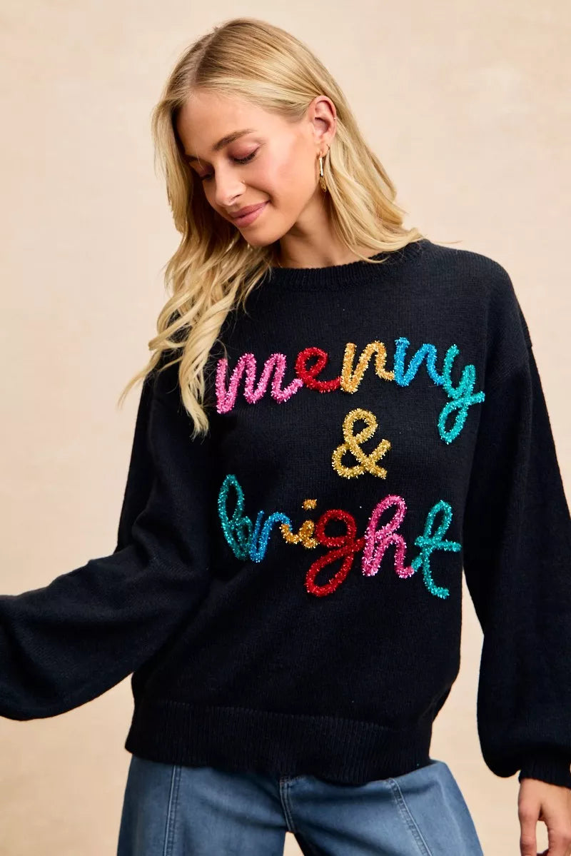 "Merry & Bright" Lettering Christmas Sweater | Trendy Sweaters Outfit Idea for Women by Ro + Ivy | Elevated Basics, Modern Comfort & Style